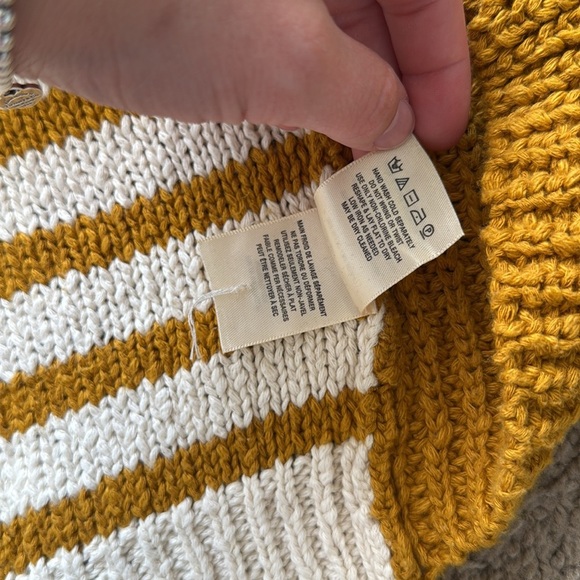 Moth by Anthropologie Mustard Yellow Cream Striped Button Boat Neck Sweater - Picture 7 of 8